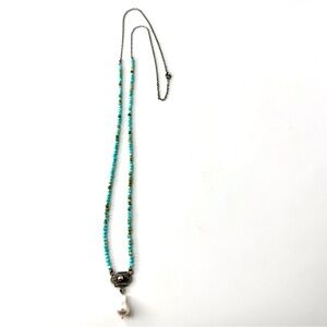 Long Turquoise Necklace, Baroque Pearl Pendant, Vintage Sterling Silver Filagree